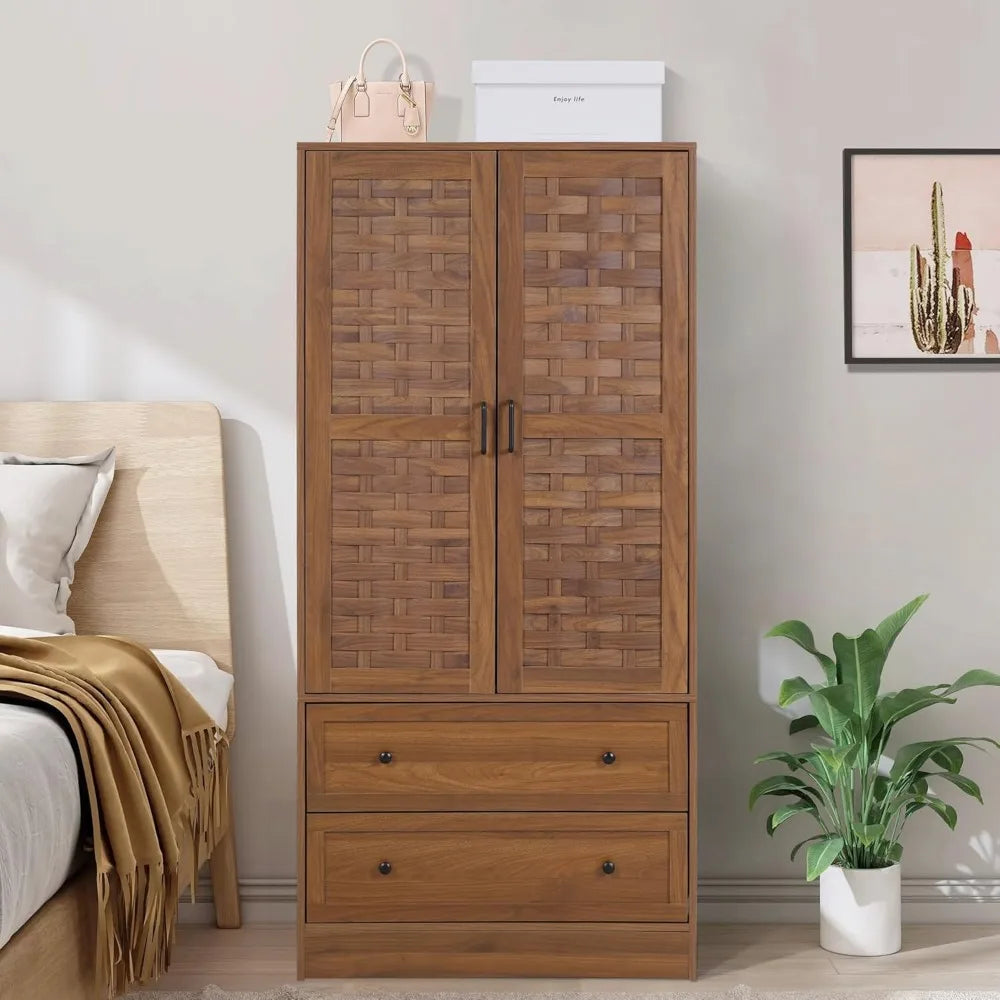 Stylish Freestanding Armoire Wardrobe with Drawers and Hanging Rail