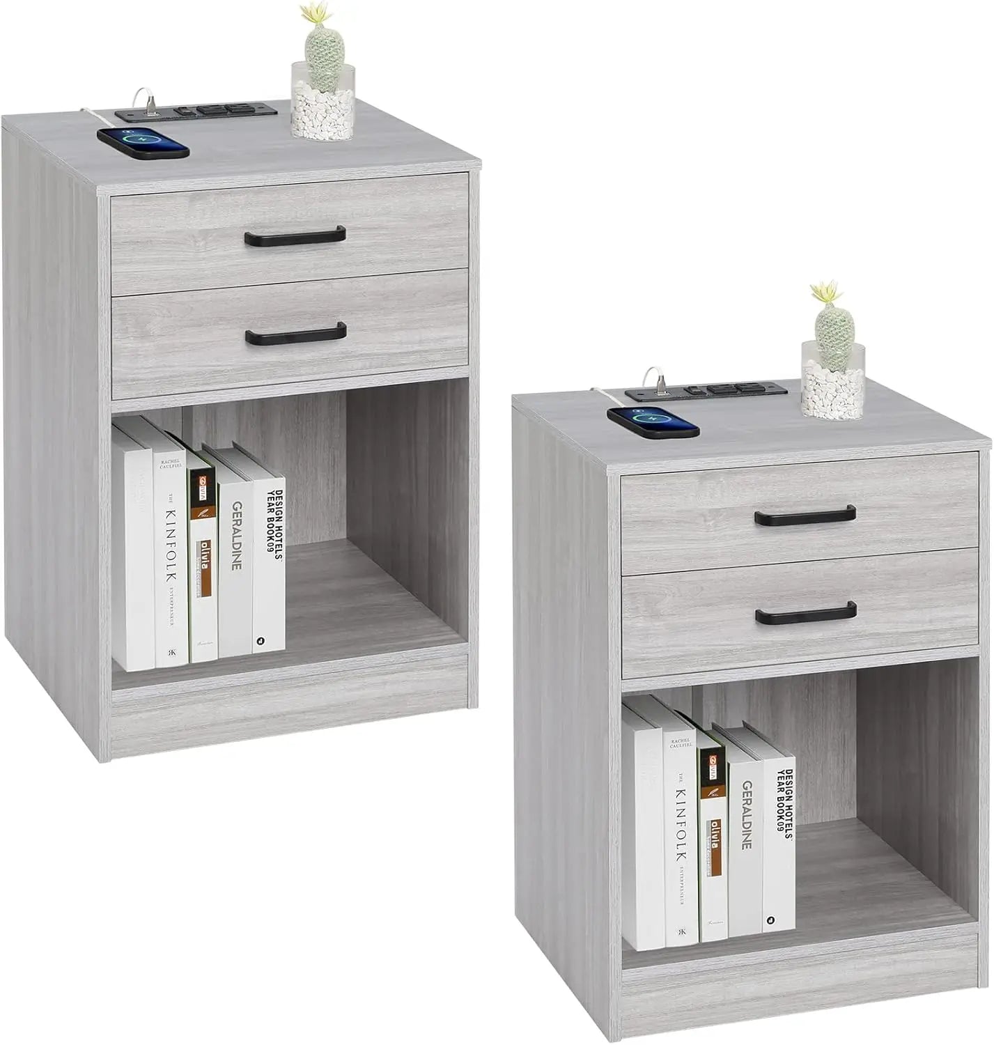 Nightstands Set of 2 with Charging Station and Storage Drawers for Bedroom