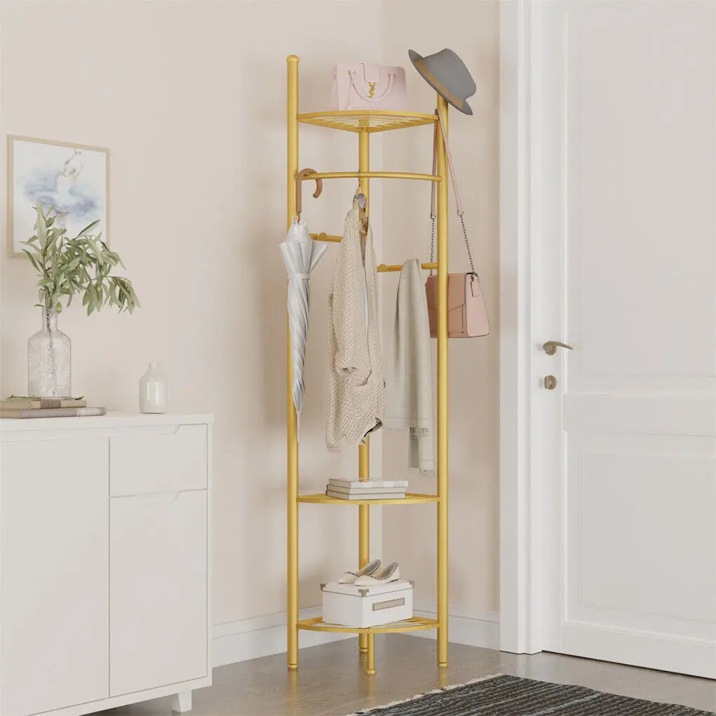 Metal Corner Coat Stand Free Standing Garment Rack with Storage Shelf