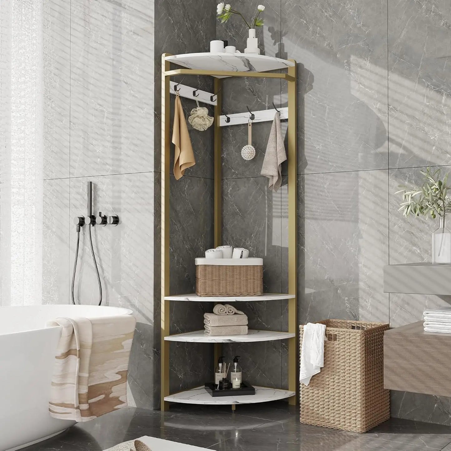 Ljustra Corner Coat Rack Stand Freestanding Hall Tree with 6 Hooks 3 Shelves