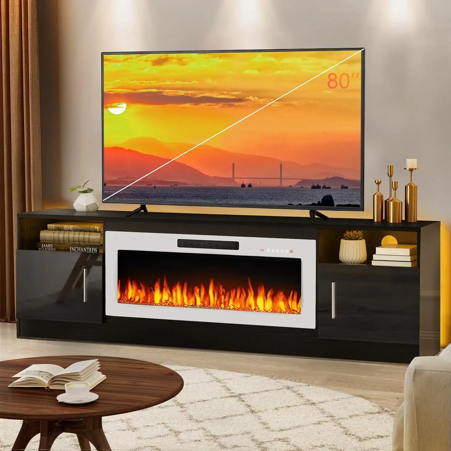 Ljustra Fireplace TV Stand for 80 Inch TVs with LED Light and Storage