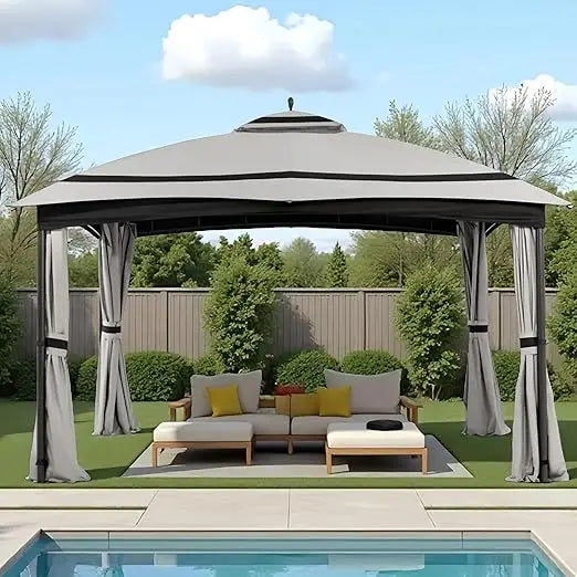 11x13ft Patio Gazebo with Curtains Sandbags Double Tier Roof Canopy