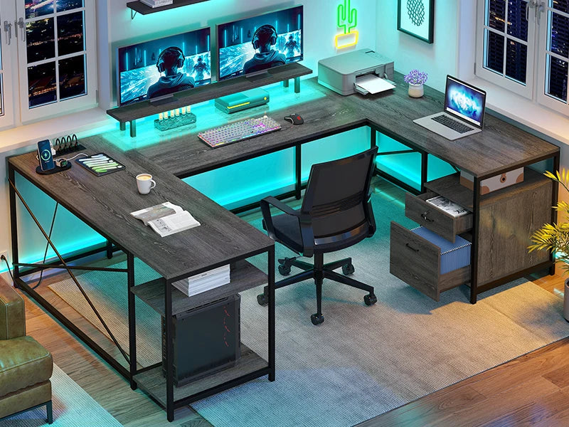 U Shaped Desk with Power Outlets LED Lights Reversible L Shaped Desk