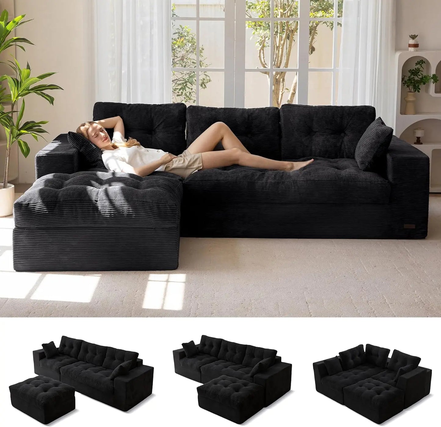 L-Shaped Sectional Sofa Convertible Ottoman Modular Couch Tufted Upholstered