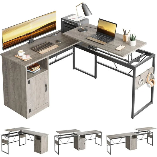 L Shaped Standing Desk Adjustable Height Corner Computer Desk with Cabinet