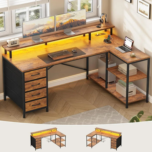 L Shaped Desk with LED Lights Power Outlets and 4 Drawers for Gaming