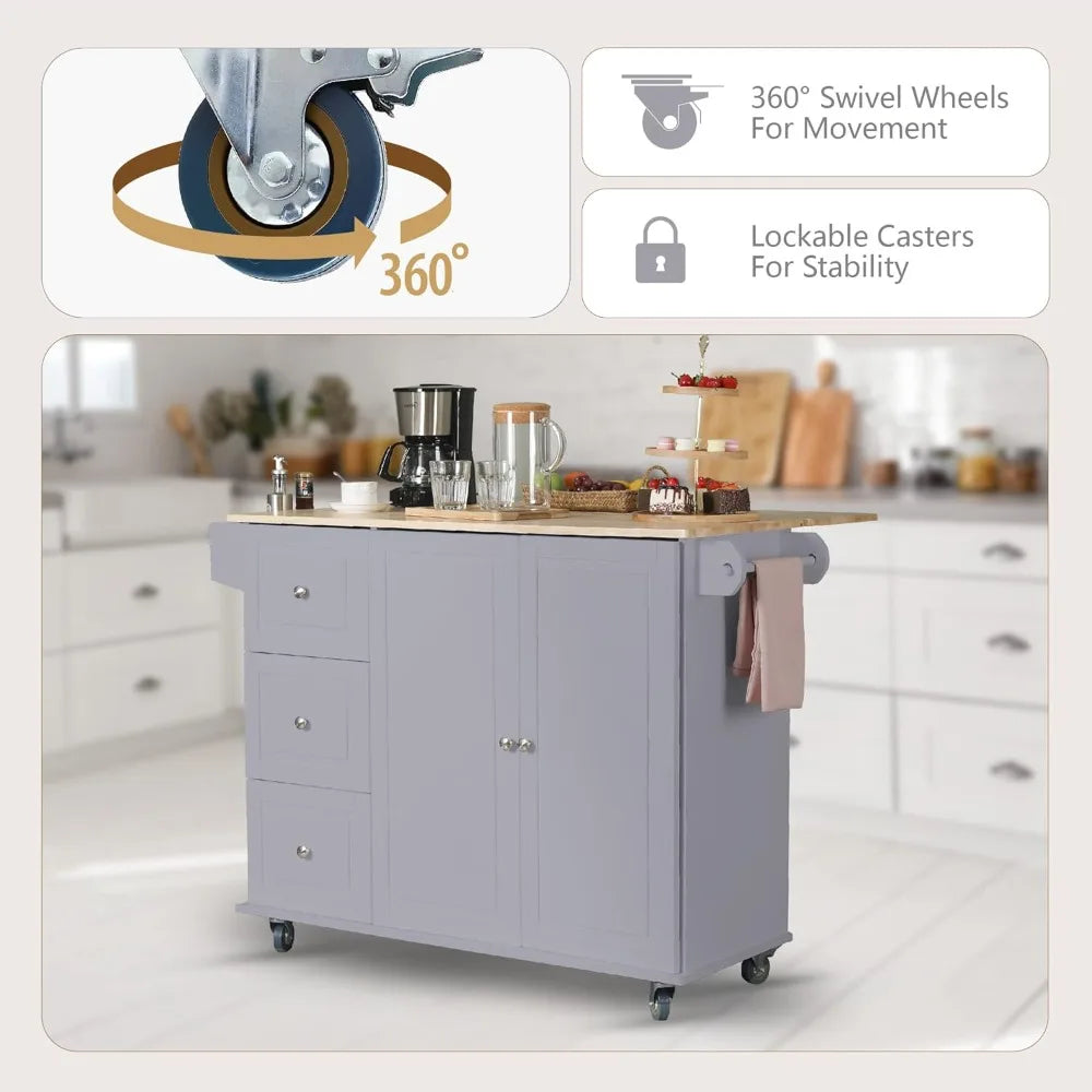 Rolling Kitchen Island on Wheels with Drop Leaf and Storage Drawers