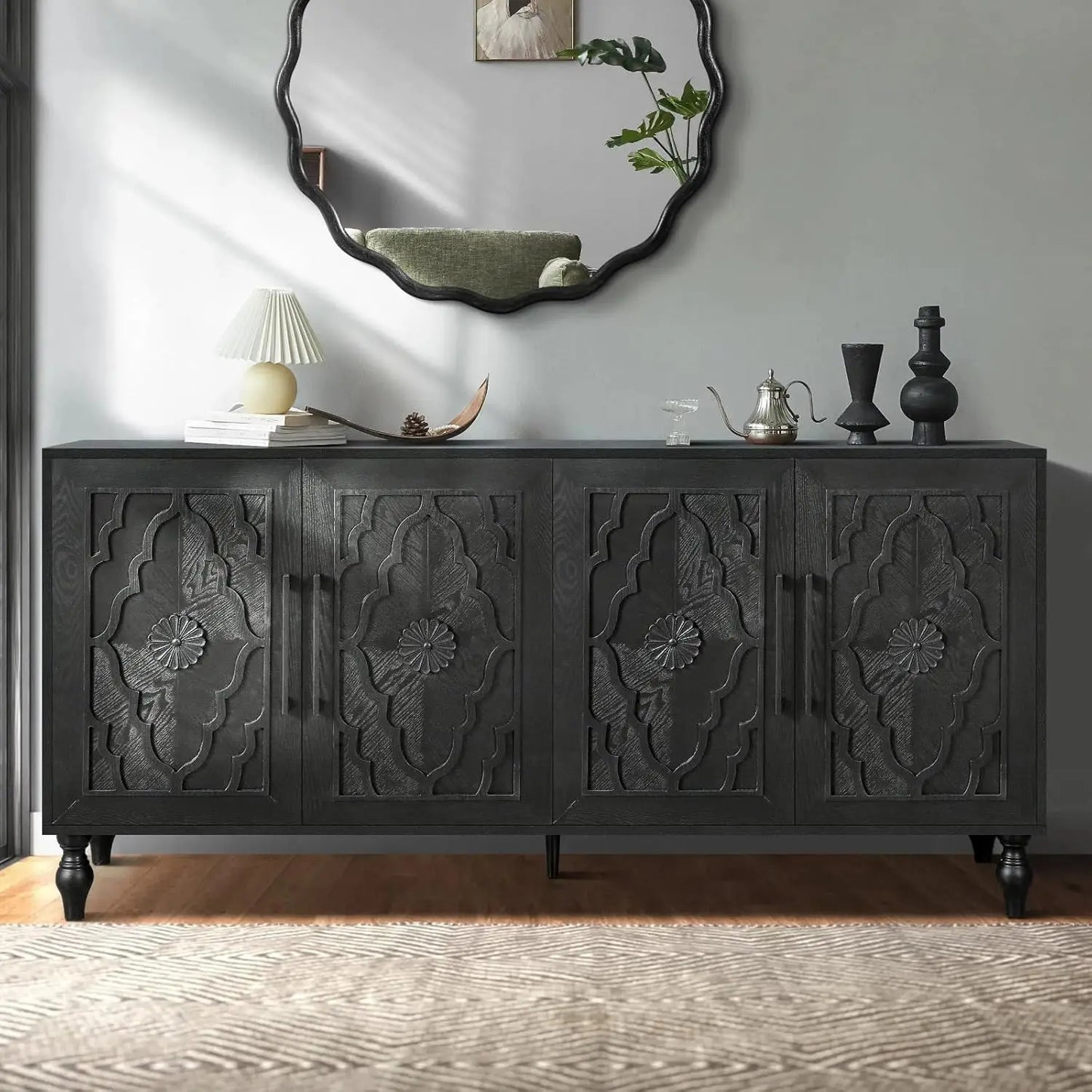 Ljustra Sideboard Buffet Credenza 63 Inch Antique Black Storage Cabinet