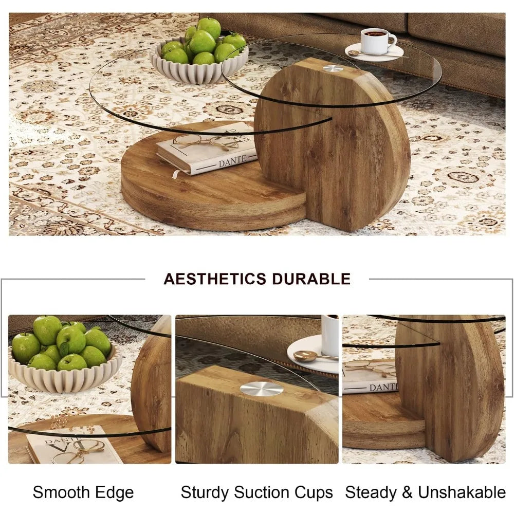 Modern 42 Inch Round Glass Coffee Table 3-Tier Wood Shelves Living Room