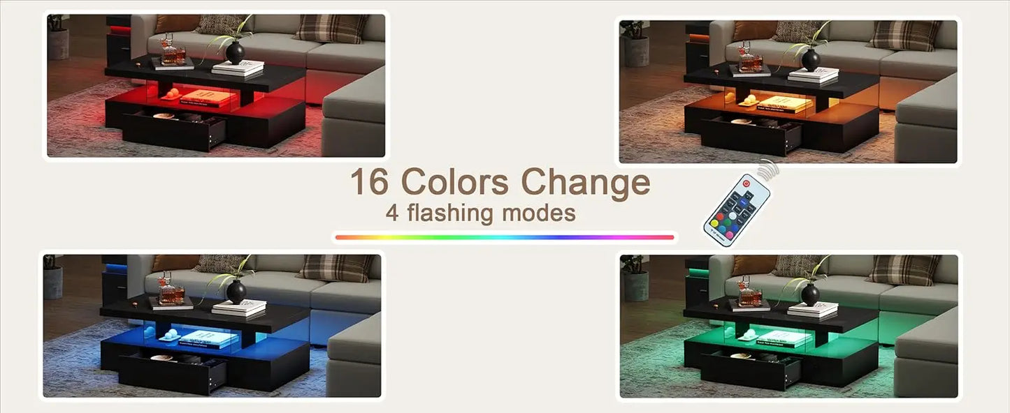 Modern LED Coffee Table High Gloss Storage Drawer Living Room Bedroom