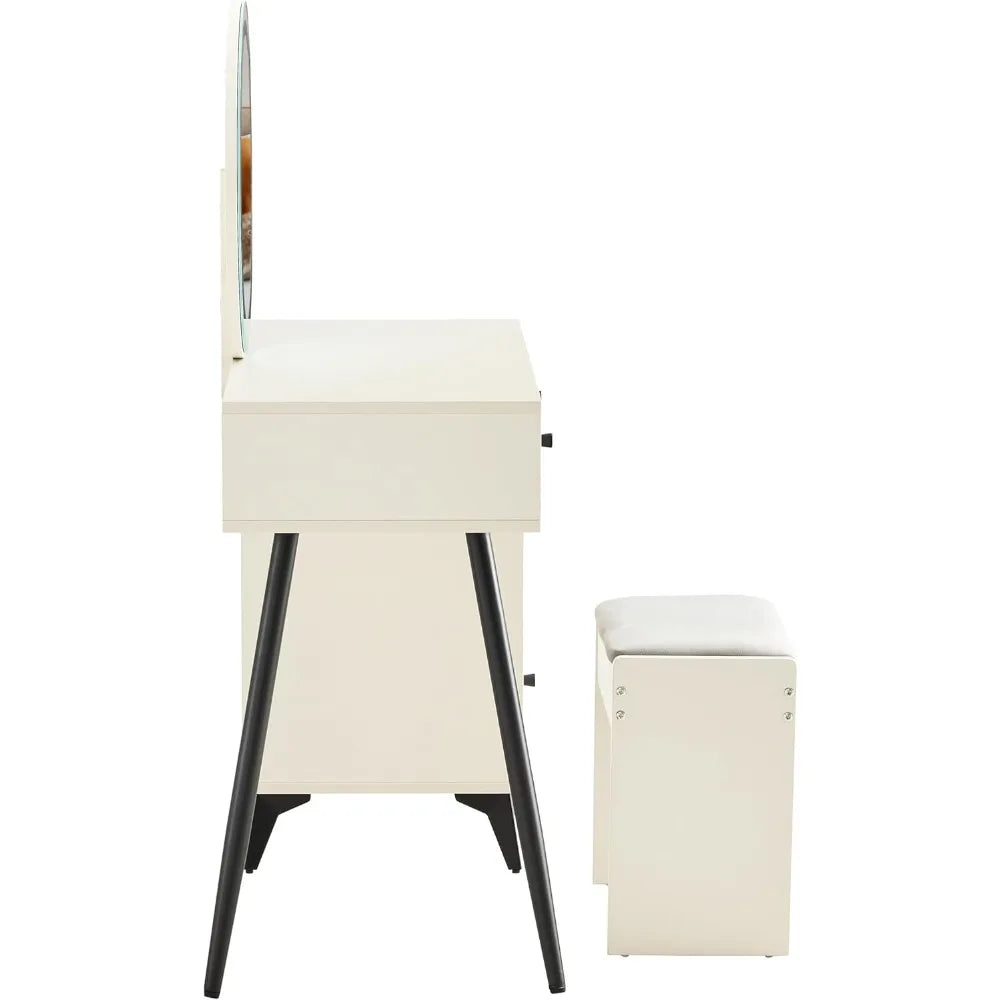 Fluted Makeup Vanity Desk with LED Mirror Adjustable Lights Modern