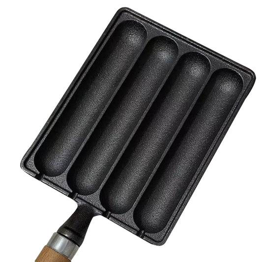 Cast Iron Pre-Seasoned Sausage Pan Non-Stick Hot Dog Mold with Wooden Handle