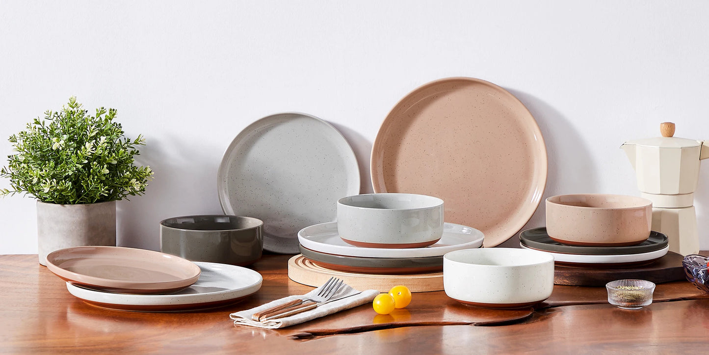 Ljustra 12/24 Pcs Dinnerware Set Curved Edge Stoneware Plates