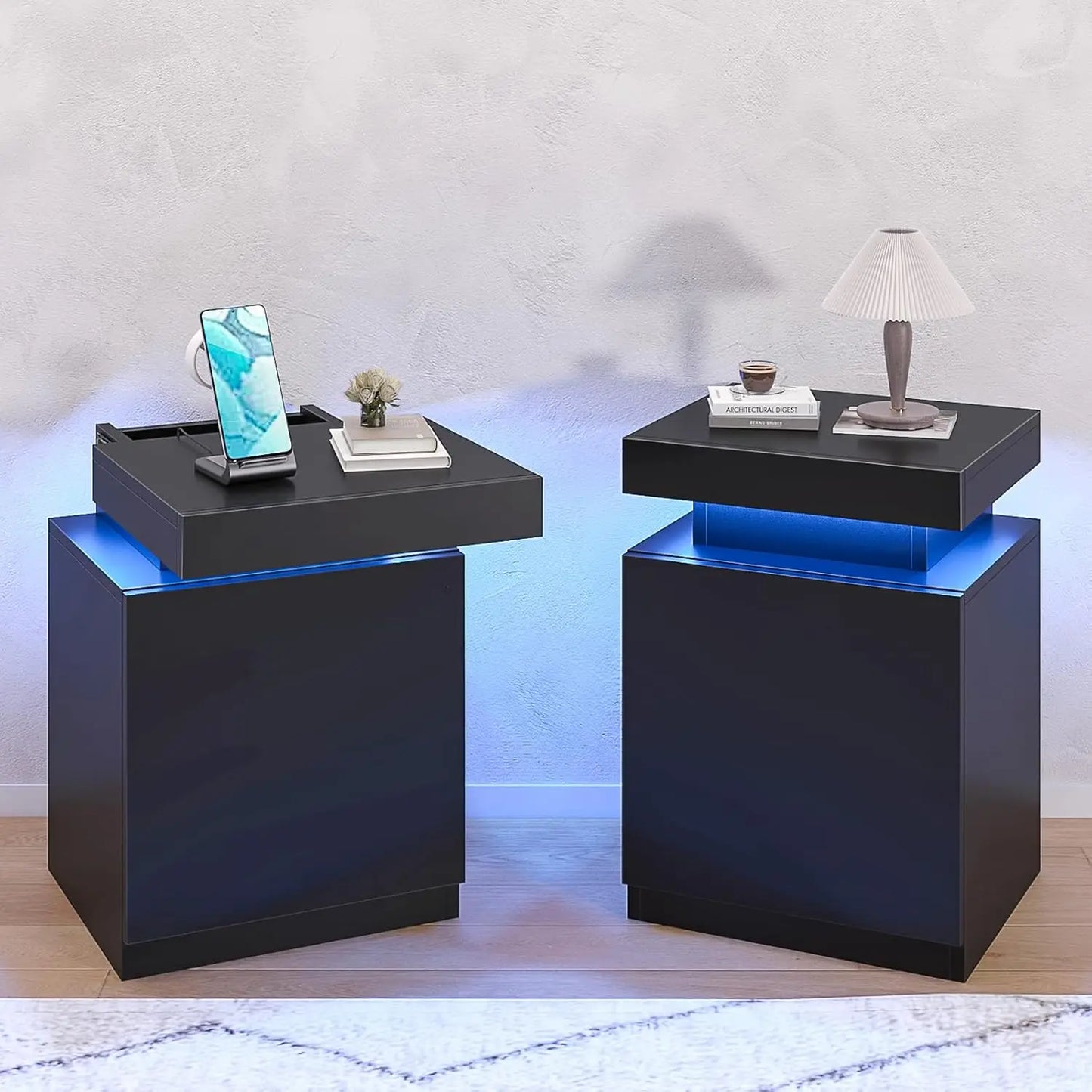 Nightstand Set of 2 LED Lights Charging Station Storage Modern Bedside Table