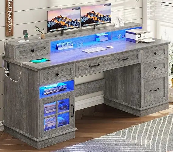 Farmhouse Executive Desk with Charging Station and LED Lights