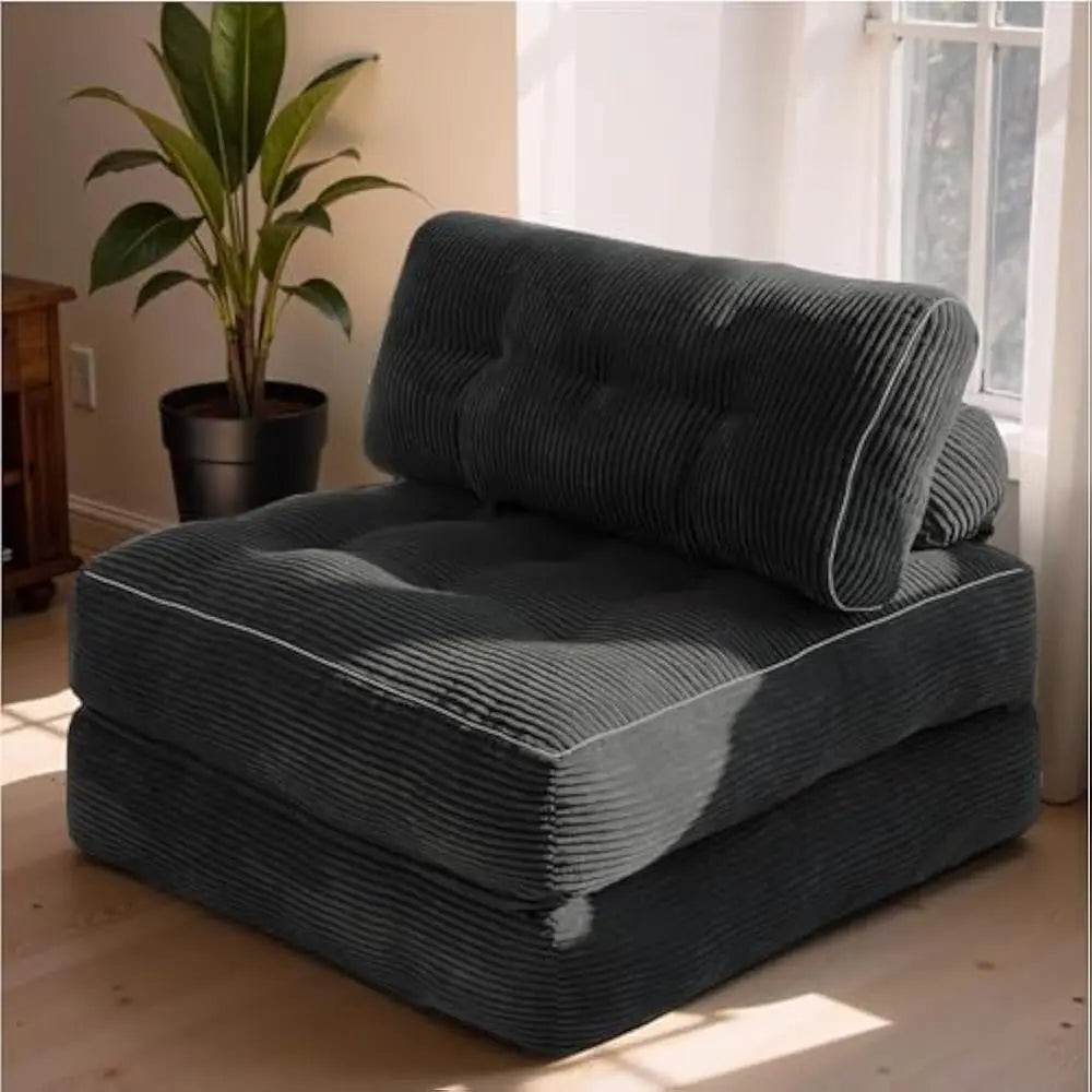 5-in-1 Convertible Corduroy Sleeper Chair Bed, Folding Sofa Couch with Pillow – Black