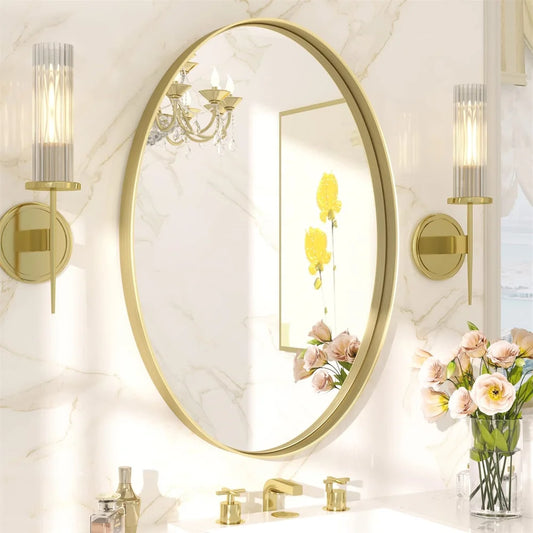 Oval Wall Mounted Mirror Brushed Gold Aluminum Accent Mirror Decor