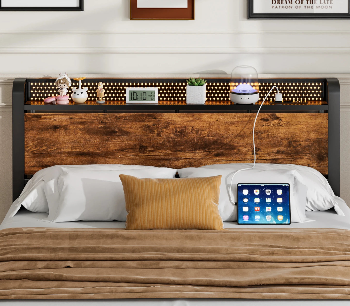 Full Queen Bed Frame with Charging Station LED Lights Storage Headboard