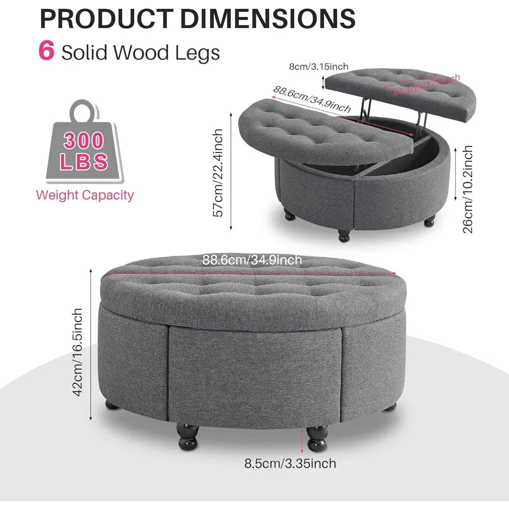 Ljustra Round Storage Ottoman Coffee Table Upholstered Lift Top 35 Inch