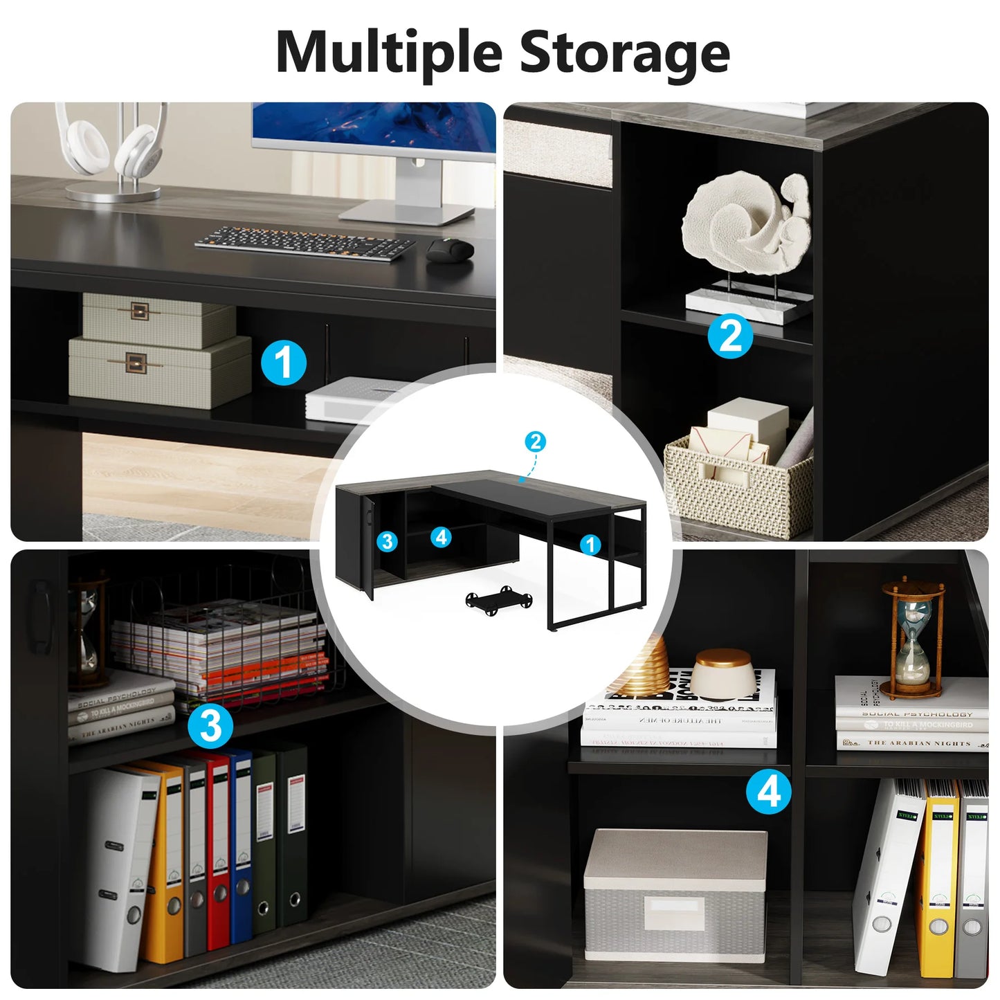 L Shaped Executive Desk with Storage Cabinet 71 Inch Office Furniture