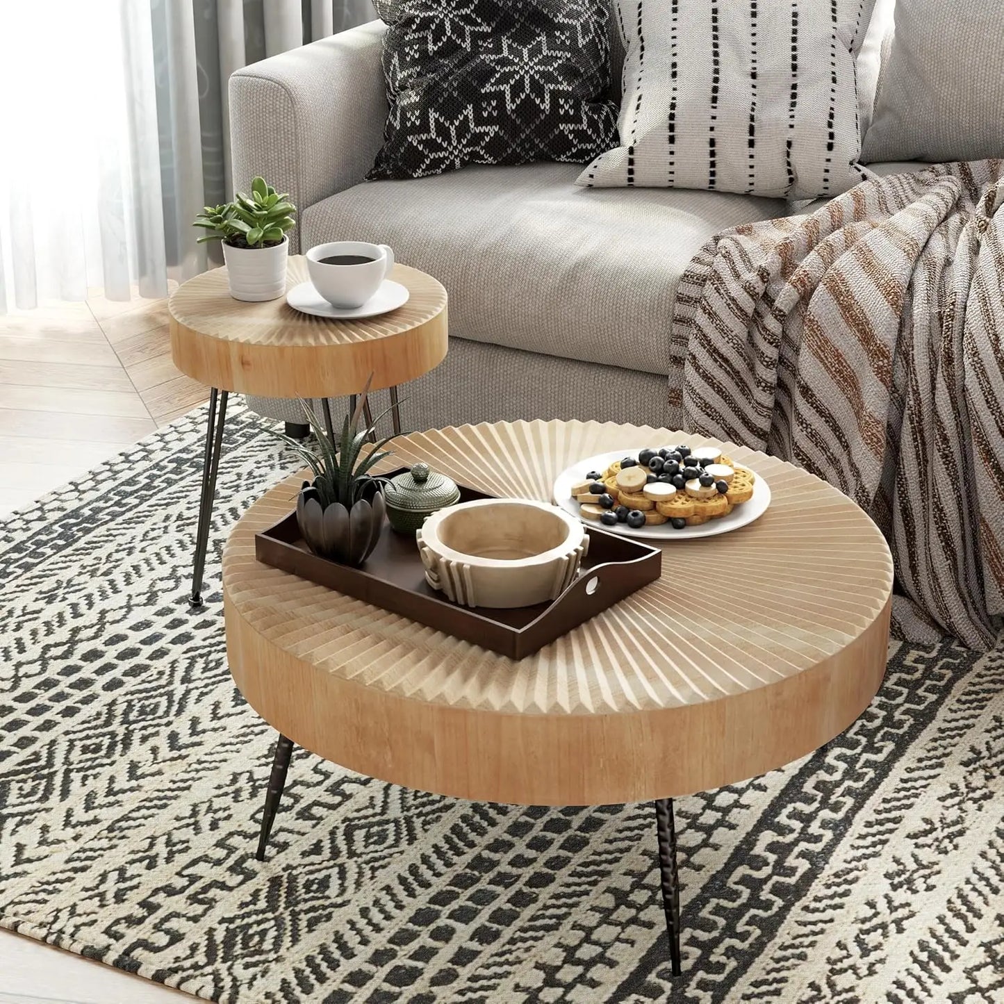 2-Piece Modern Farmhouse Coffee Table Set Nesting Round Natural Finish