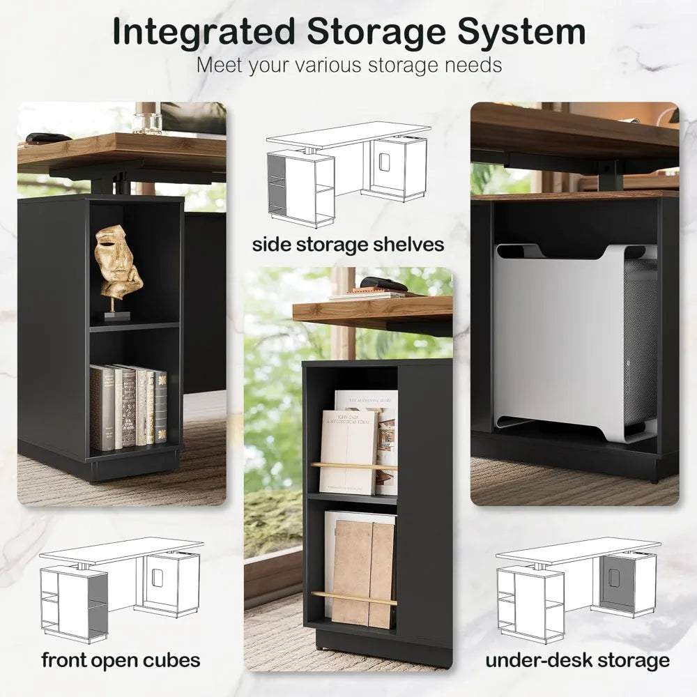 L Shaped Height Adjustable Standing Desk with File Cabinets and USB AC