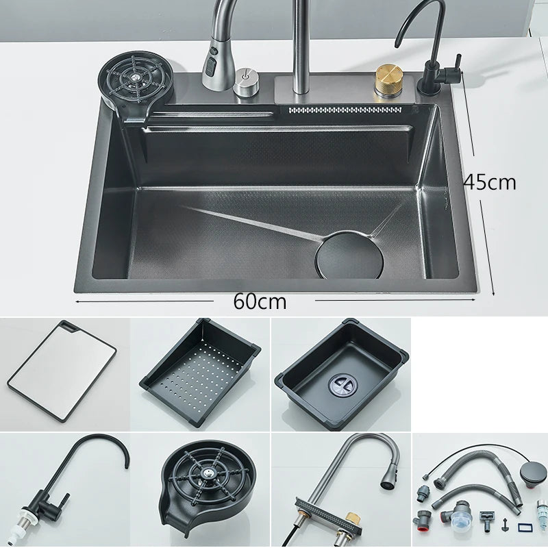 Ljustra Stainless Steel Waterfall Kitchen Sink Integrated Faucet Dispenser
