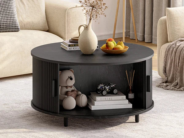 Round Coffee Table with Storage Modern 31.5 Inch Fluted Wood Accent