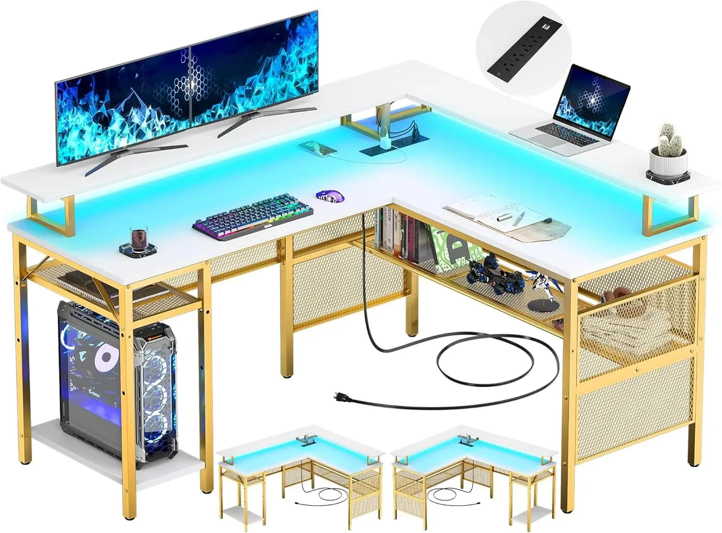 L-Shaped Desk with LED Strip Power Outlets Reversible Corner Design