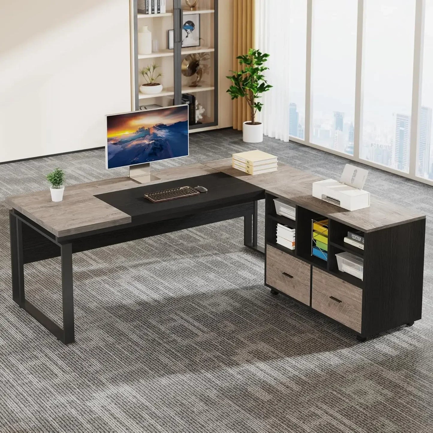 L-Shaped Executive Desk with Reversible File Cabinet Office Desk Set
