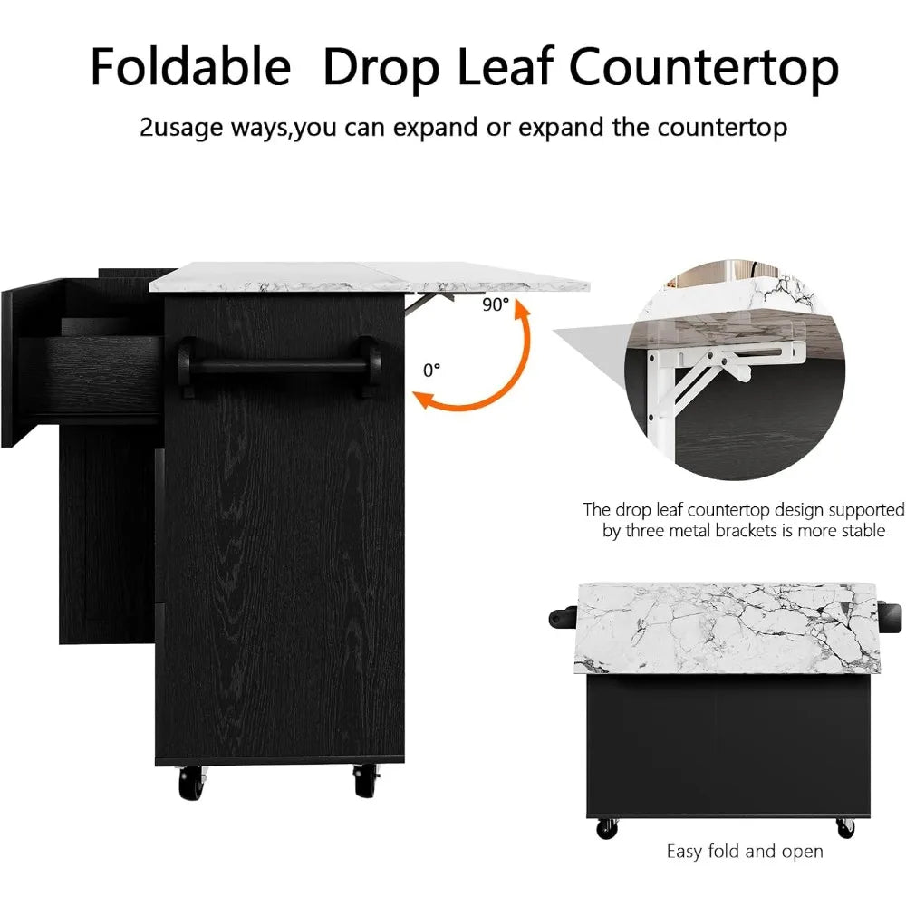 Rolling Kitchen Island Cart with Storage Drop Leaf Marble Top on Wheels