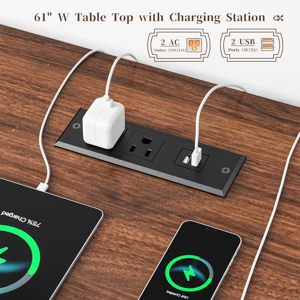 63 Inch Farmhouse Computer Desk with Drawers LED Lights Shelves