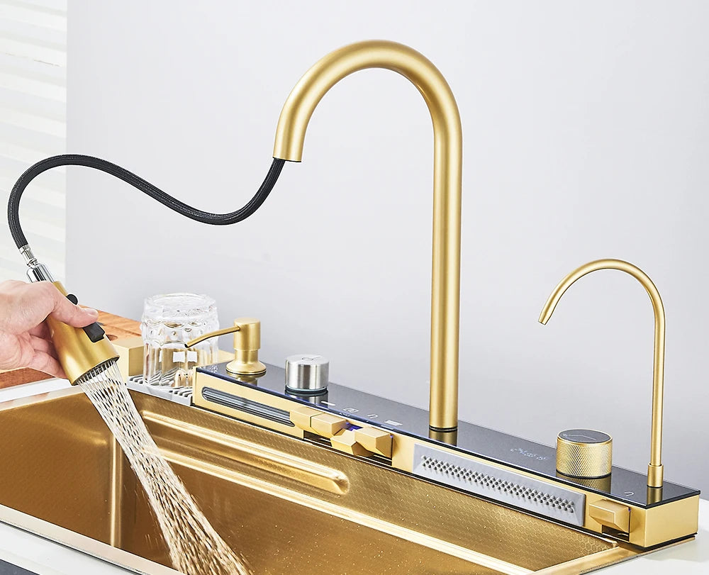 Gold Multifunctional Kitchen Waterfall Sink Digital Display 304 Stainless Steel