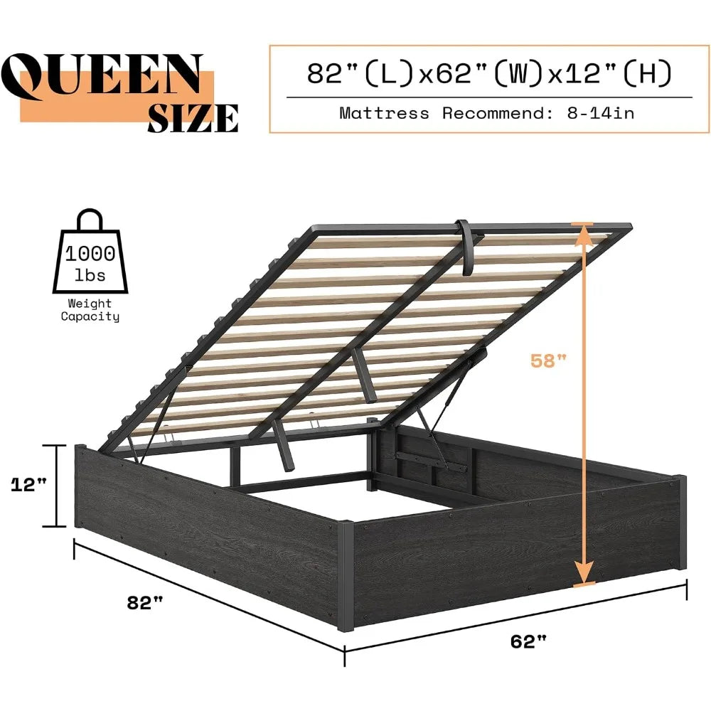 Ljustra Lift Up Storage Bed Frame Queen Wooden Platform Industrial Rustic