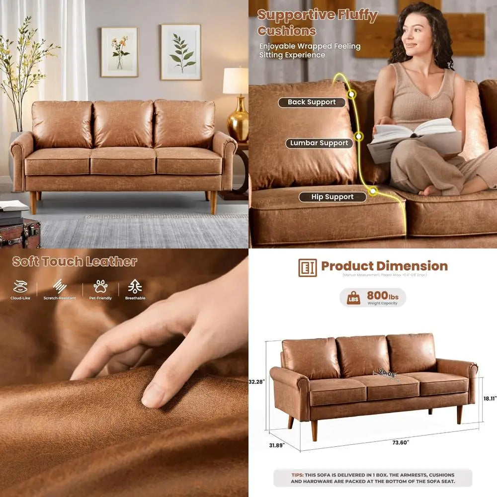 Luxury 3-Seater Suede Faux Leather Sofa Mid-Century Modern Couch