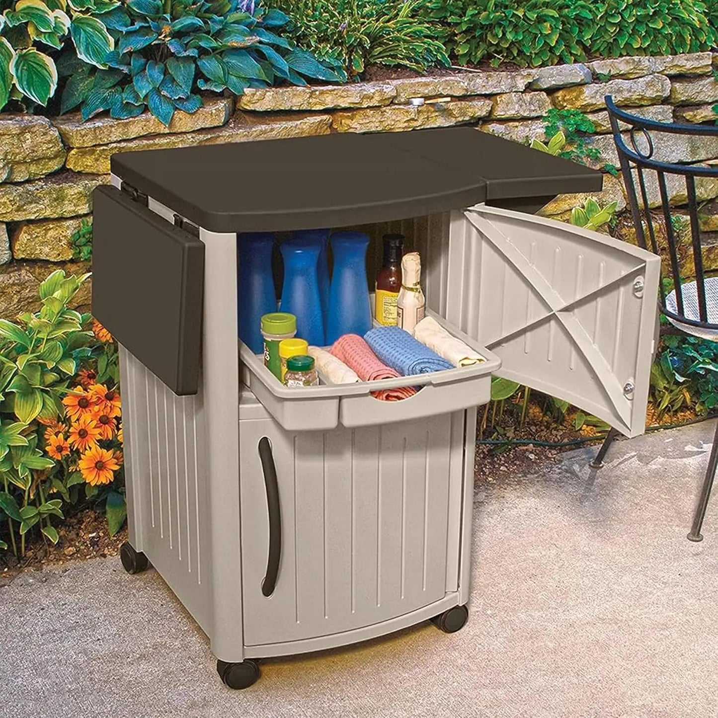 Portable Grill Prep Table Serving Station with Storage Cabinets