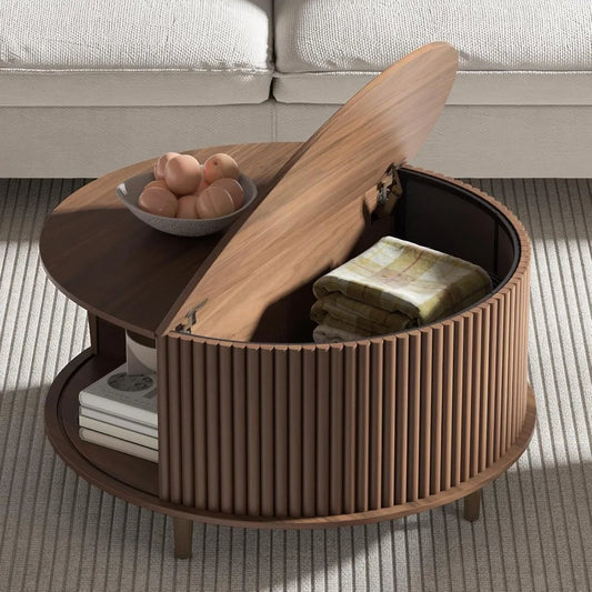 Round Coffee Table with Storage Fluted Design Small Center Table