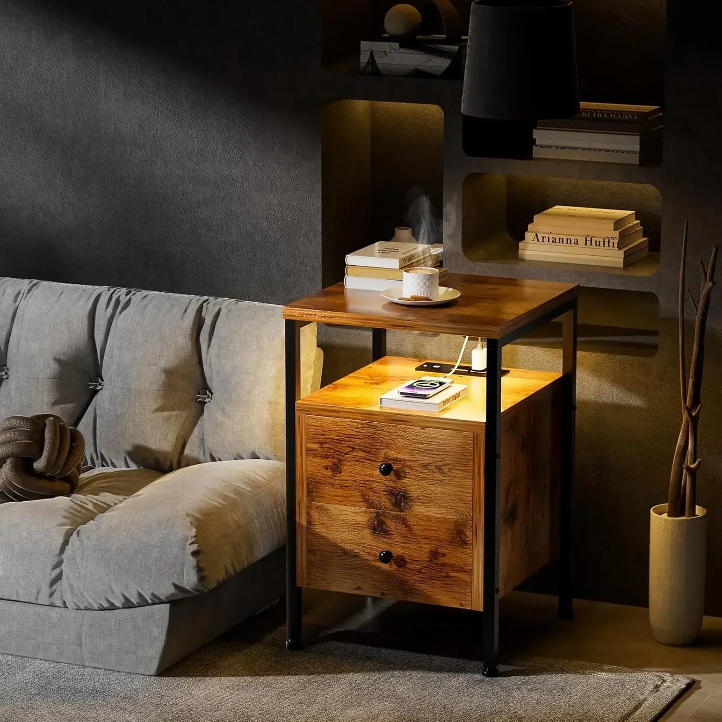 Nightstand with LED Light Charging Station 2 Drawers Rustic Wood Table