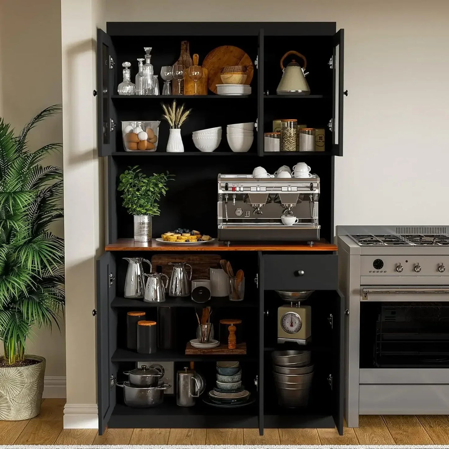 71 Inch Tall Kitchen Pantry Storage Cabinet with Microwave Stand Black