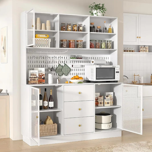Large Kitchen Hutch Cabinet Pantry Storage with Metal Doors & Pegboard