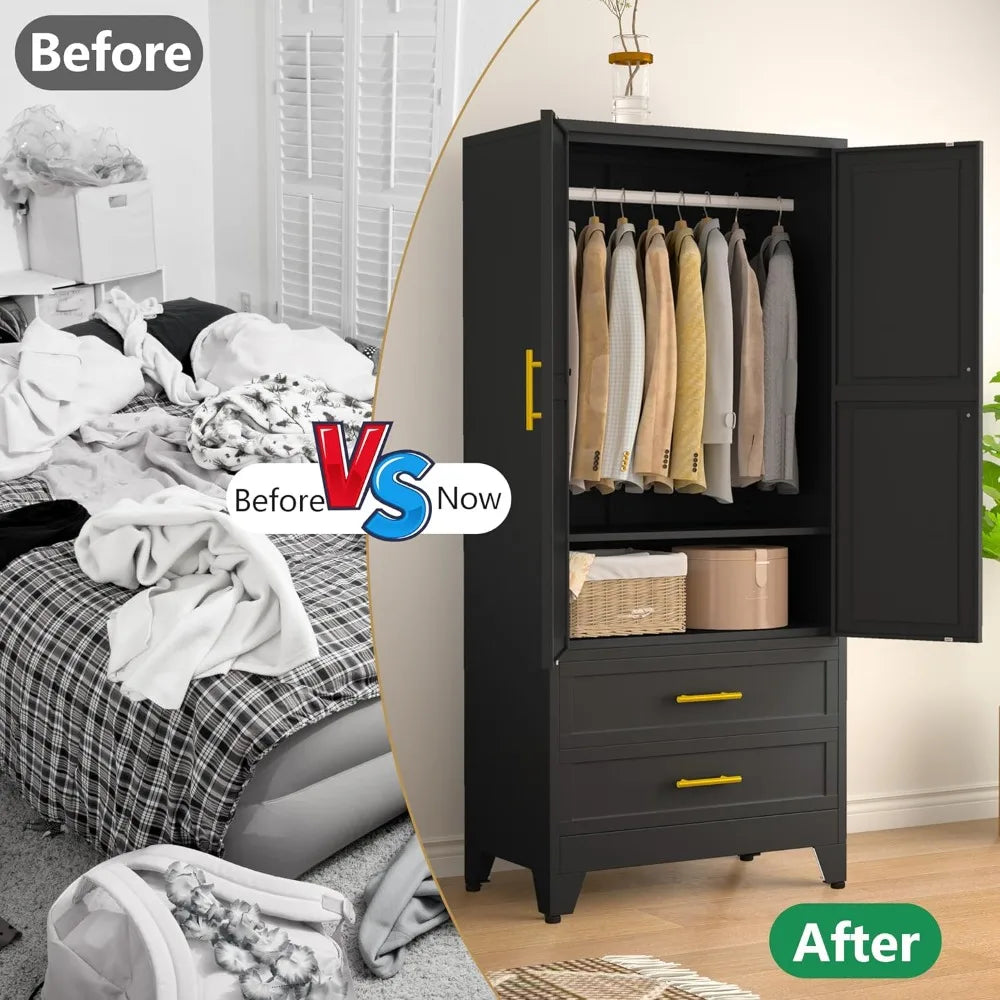 Metal Armoire Wardrobe Closet 71 Inch Storage Cabinet with Drawers