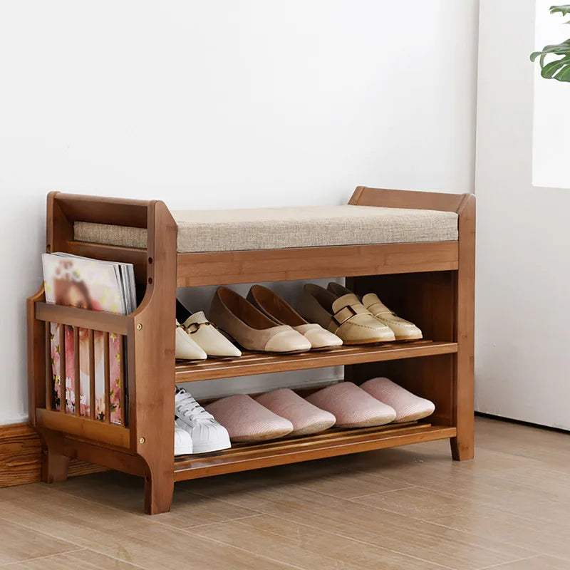 2-Tier Bamboo Shoe Bench with Removable Cushion Storage Organizer