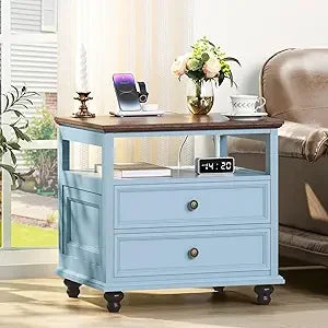 Farmhouse Nightstand with Charging Station 2 Drawers White End Table