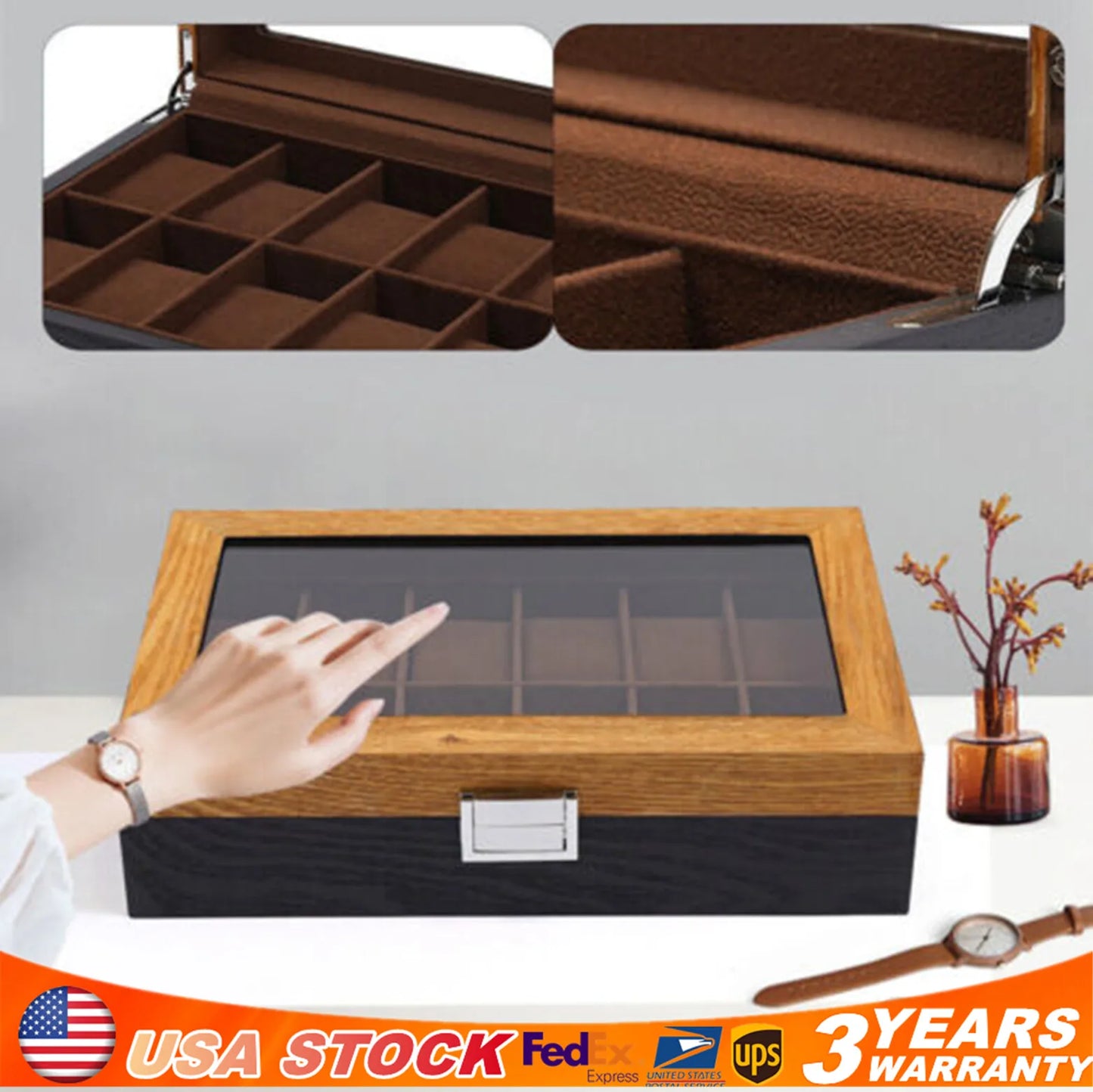 12 Slots Wooden Watch Box Organizer Jewelry Storage Case with Lock