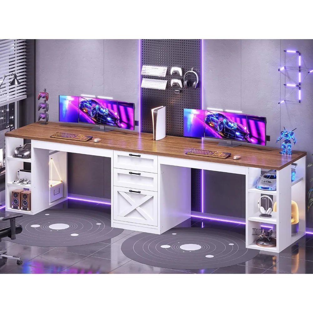 Farmhouse 96.5 Inch Computer Desk Double Desk with Storage Shelves
