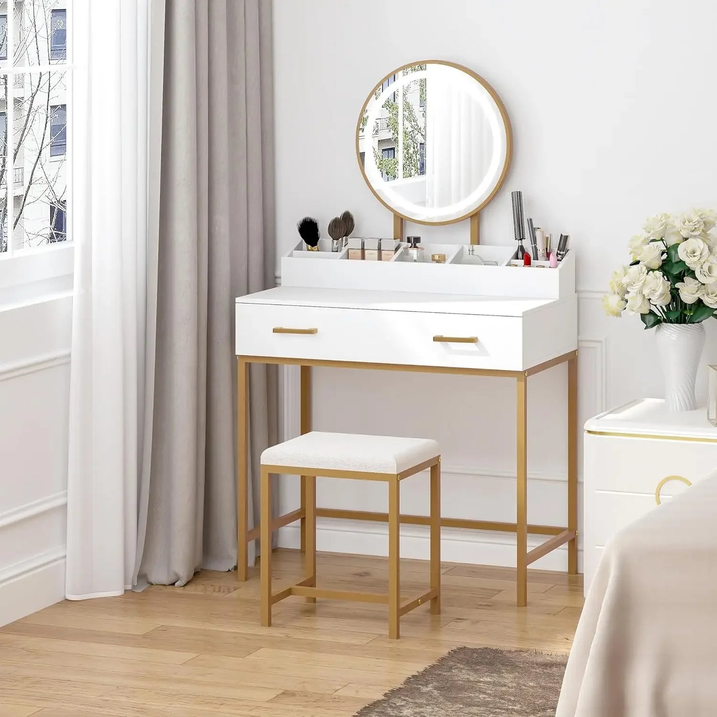 Makeup Vanity Desk with Mirror Lights Drawers Cushioned Stool Set