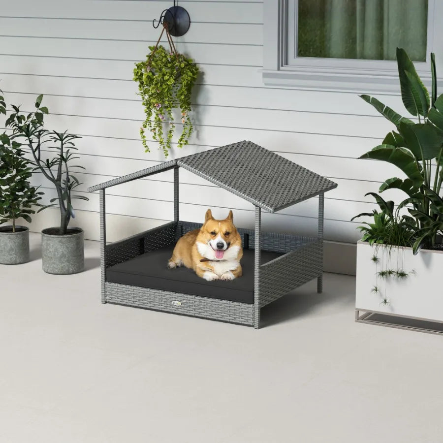 Ljustra Wicker Dog House Outdoor Canopy Rattan Bed Waterresistant Cushion