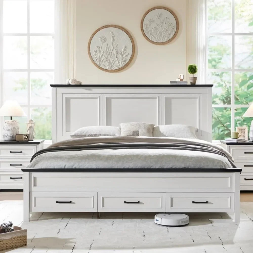 Farmhouse King Size Bed Frame with Tall Headboard and Storage Drawers
