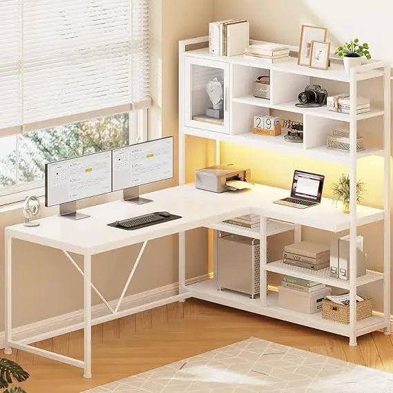 L Shaped Computer Desk with LED Light and Bookshelf for Home Office