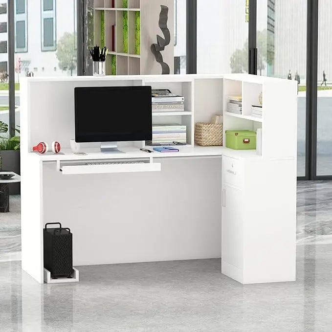 L-Shape Reception Desk with Open Shelf and Drawers Wooden Office Table